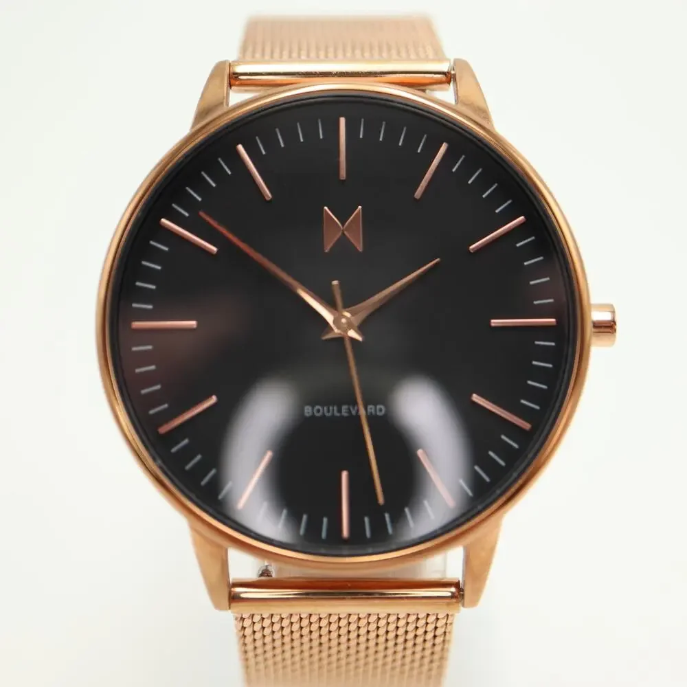 MVMT Magnolia Boulevard Rose Gold Tone Black 38mm Watch Mesh Steel w New Battery